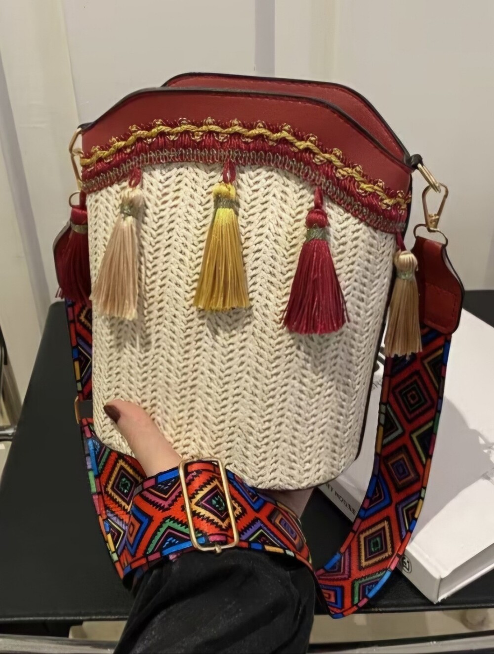 Boho Woven Crossbody Bucket Bag with Tassel Trim - Red & Cream